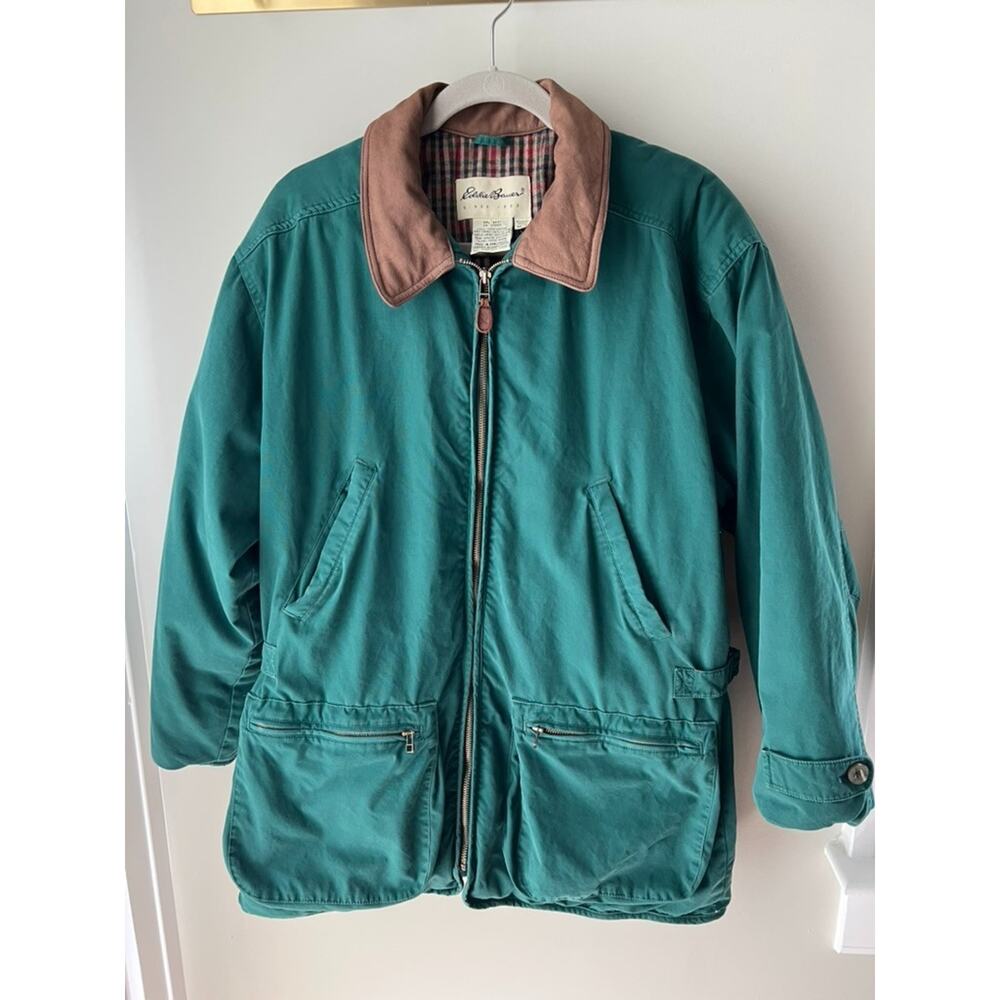 Eddie Bauer Vintage 90s Goose Down Barn Chore Coat Womens M Green Leather Collar